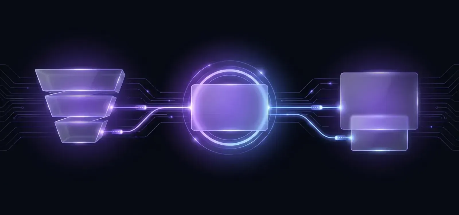 A glowing checkout funnel linked by light to a card being charged, linked to an order panel that a second payment flows into.