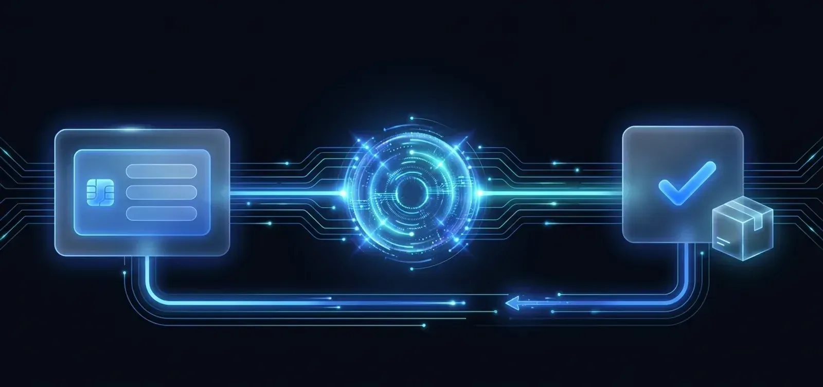 A glowing Von Payments checkout panel linked by light to a central node, linked to a completed order with a parcel, with a return line back for refunds.